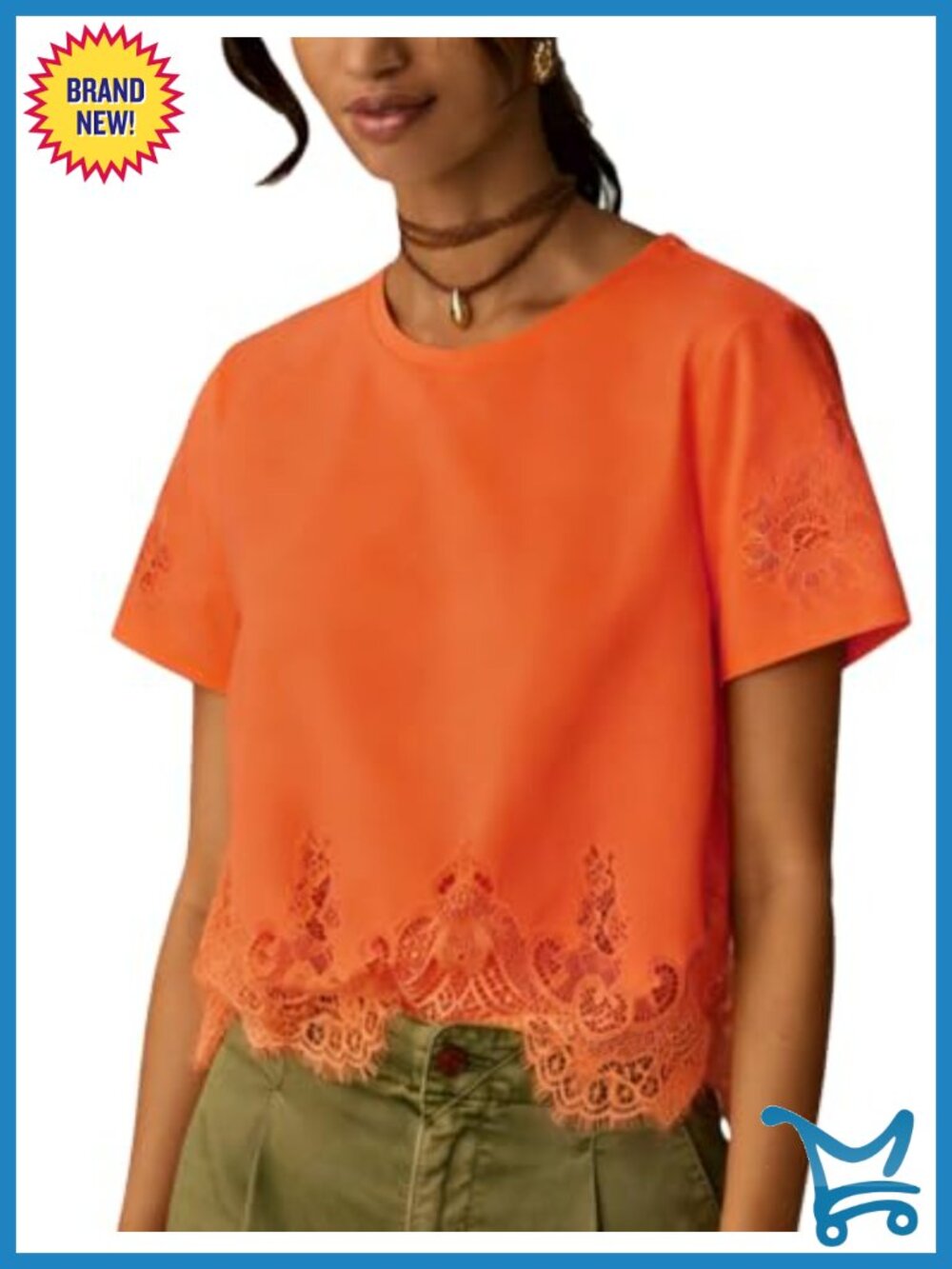 Women's Lace Cropped Crew Neck Short Sleeve Shirt
